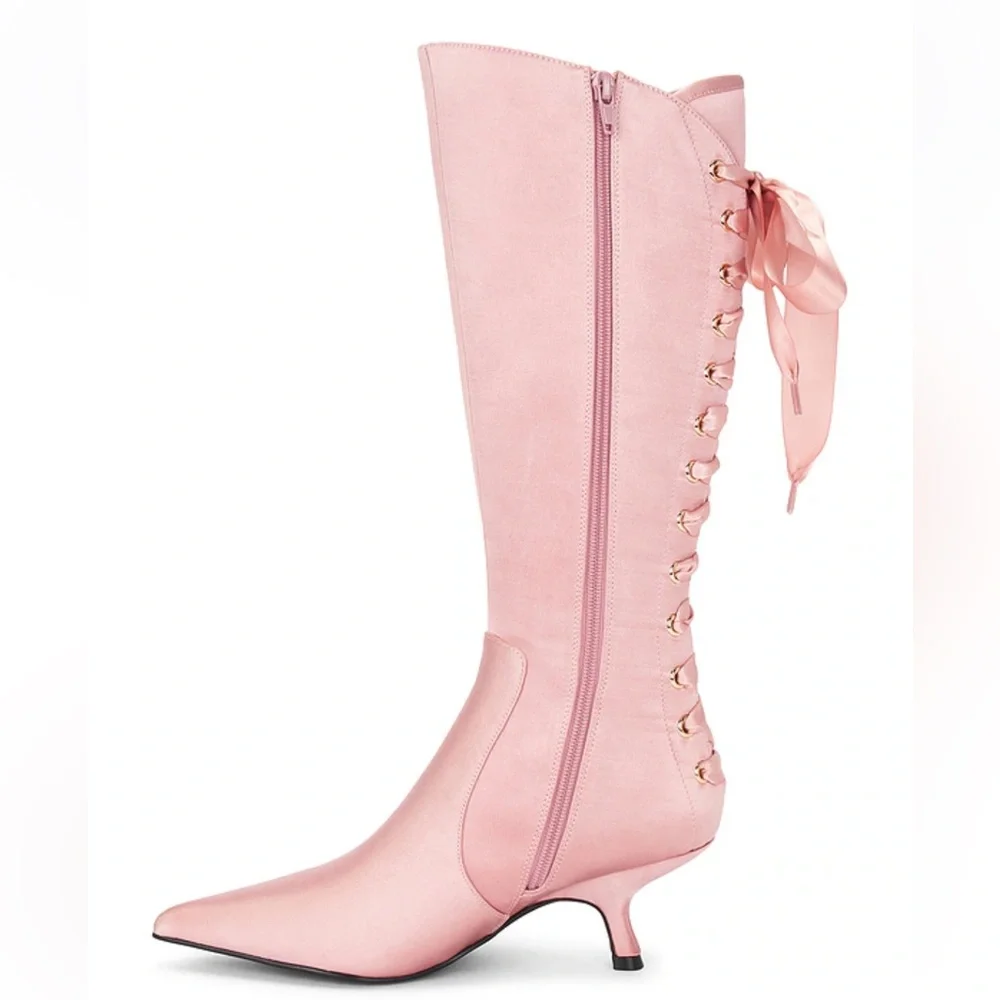 Jeffery Campbell Leggy Boot in Pink Satin Lace Up Corset Revolve Size 8.5 - Picture 2 of 14